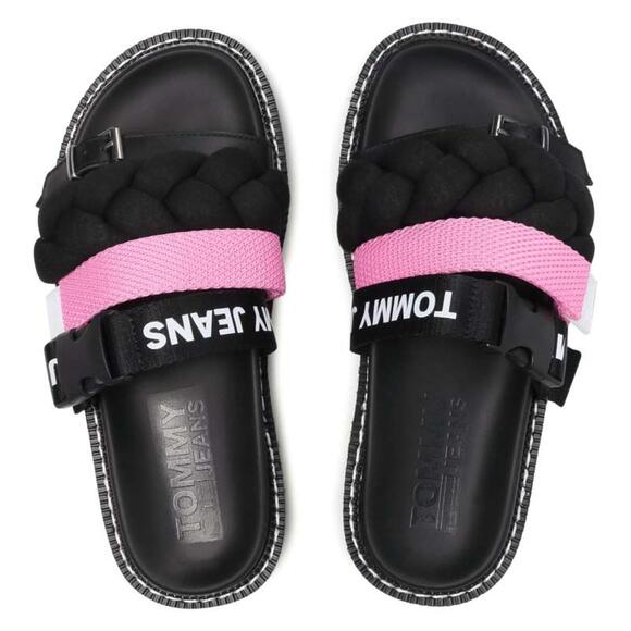 Shoes - NWB Tommy Jeans Black Pink Braided Strap Slide Sandals Women’s Designer Size 6